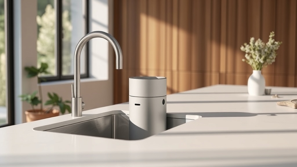 주방 싱크대 옆에 배치된 음식물 처리기가 실내 인테리어와 조화를 이루는 모습