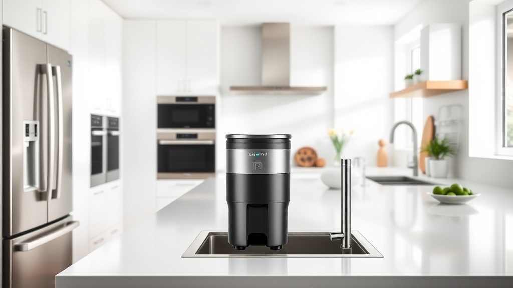 모던한 주방에 설치된 음식물 처리기의 전체적인 모습과 주변 환경