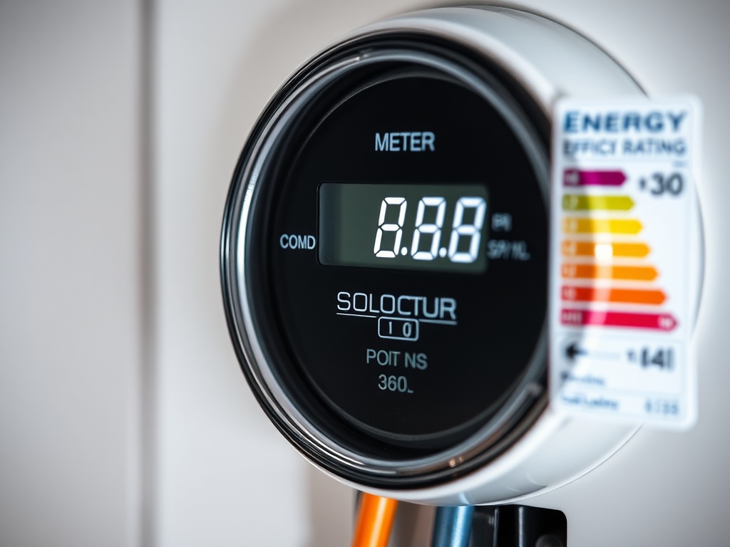 전력 소비 효율을 측정하는 전기 계량기와 에너지 등급 스티커 이미지